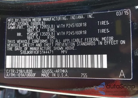 2015 Toyota Highlander Xle V6 z USA, uszkodzony, nr VIN 5TDJKRFH3FS144471